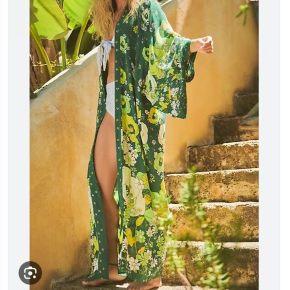 Free People Tops - Free People Green Floral Maxi Kimono/Robe In Jungle Combo